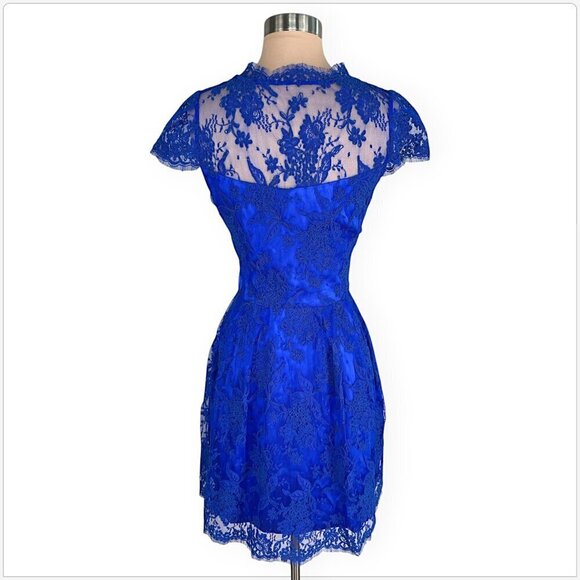 Issa London Royal Blue Lace Fit and Flare Satin Button Front Party Dress 8 - Picture 4 of 5